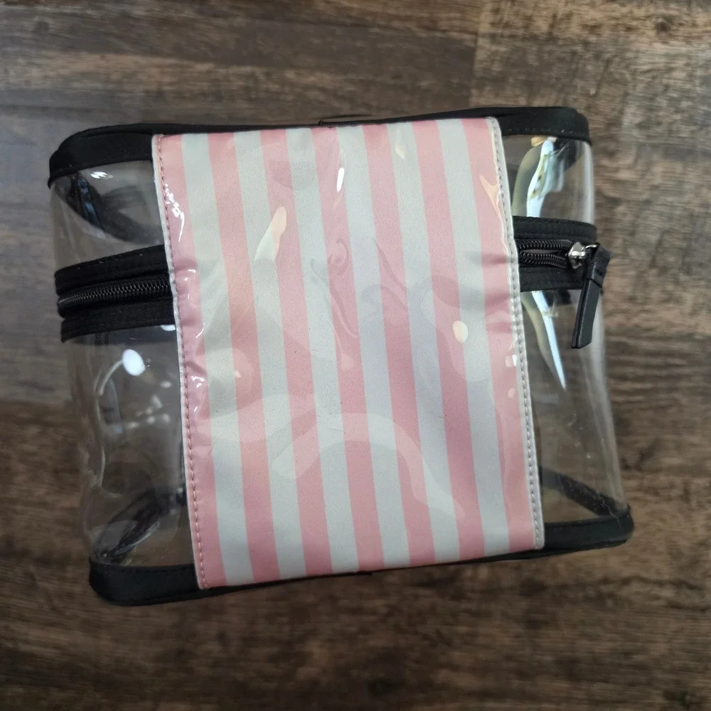 VICTORIA'S SECRET Makeup‎ Bag Womens OS Clear Pink Striped Polka Dot Train Case